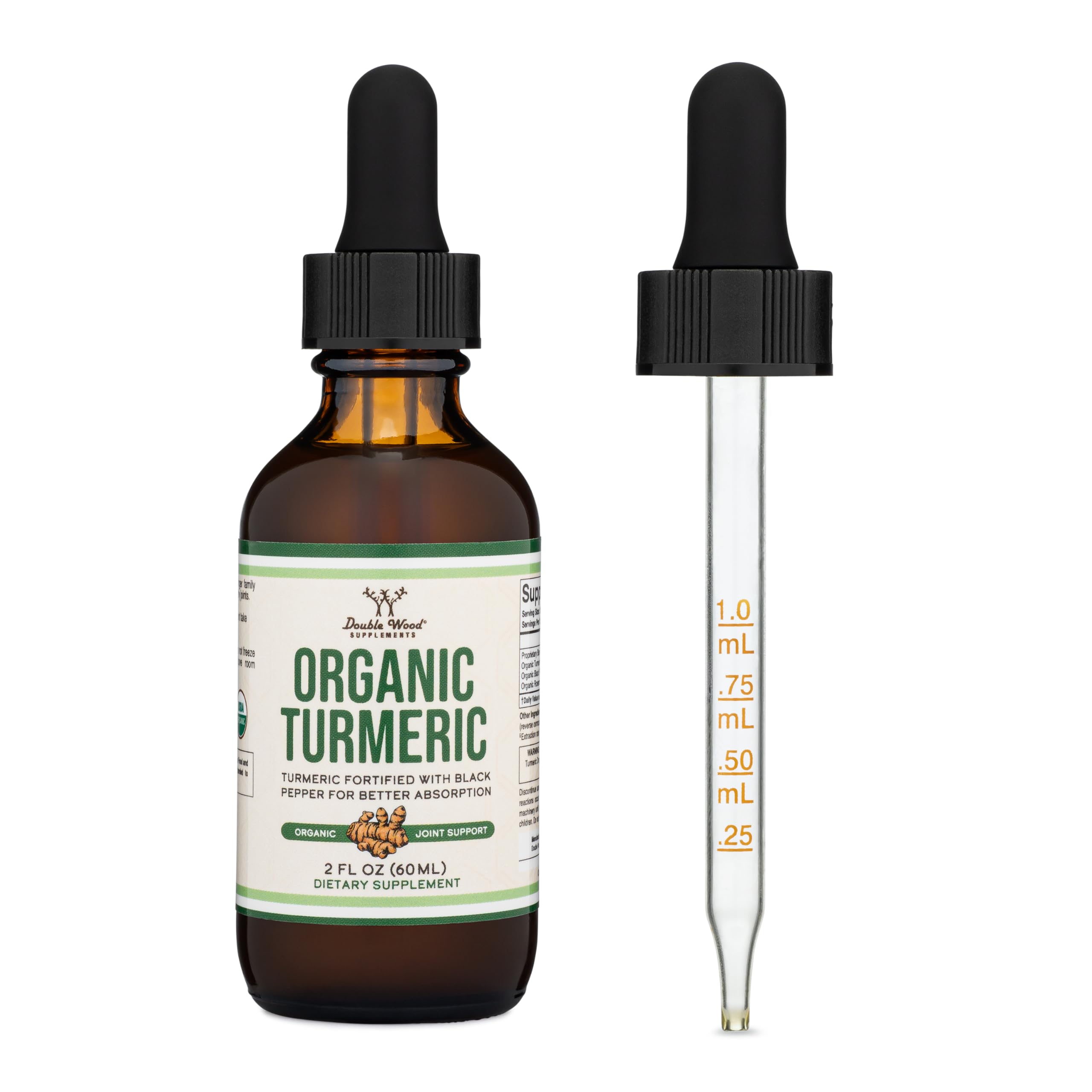 Organic Turmeric Curcumin Drops, Black Pepper + Ginger, Joint Support, 2 oz | Joint Comfort Liquid Supplement, Alcohol-Free, Black Pepper (Piperine) for Absorption, Ginger, USDA-Organic, 60 Servings