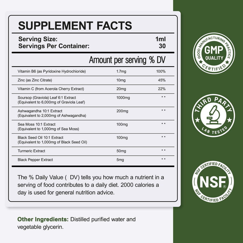 Herbs 8-in-1 Soursop Graviola Bitters Liquid Drops, 1 fl oz | Soursop Leaf Extract Drops, Sea Moss, Ashwagandha & Turmeric, Immune, Liver, Antioxidant & Sleep Support, Alcohol-Free