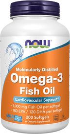 Buy now NOW Foods Supplements, Omega-3 180 EPA / 120 DHA, Molecularly Distilled, Cardiovascular Support*, 200 Softgels Default at indiglob india