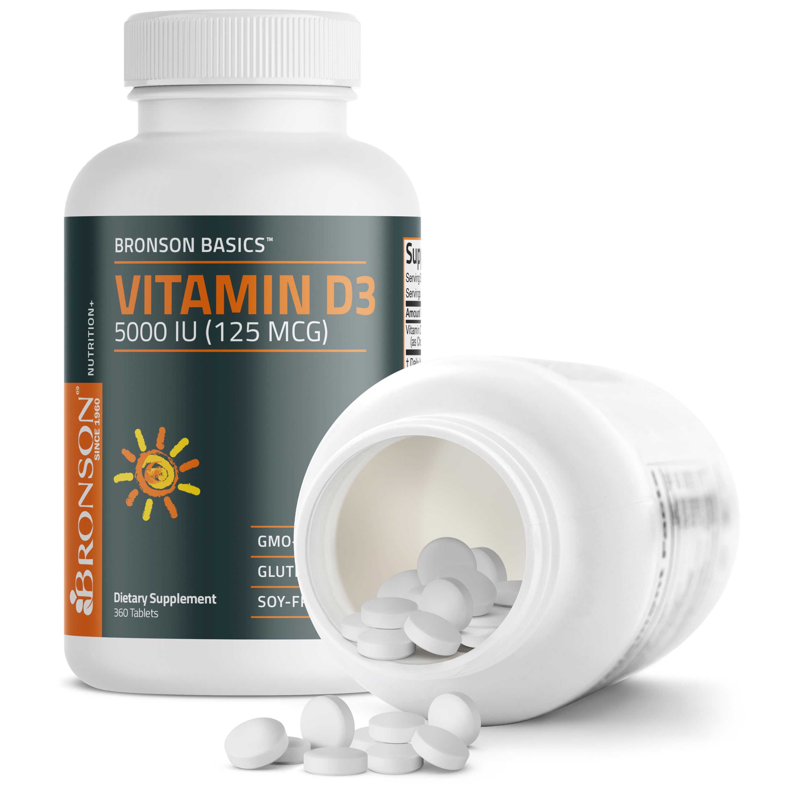 Bronson Vitamin D3 5000iu (125mcg) Non-GMO Gluten-Free Soy-Free 360 Tablets | Immune, Bone, Joint, Breast, Heart, and Colon Health Supplement