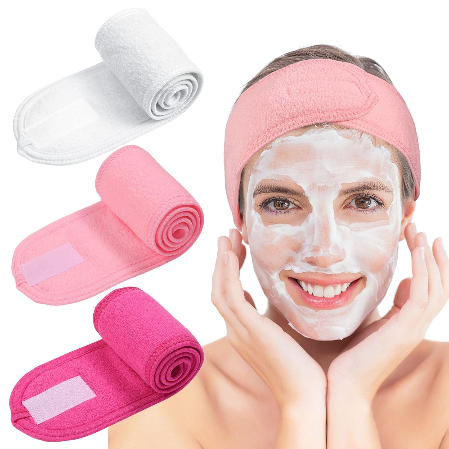 Buy now Whaline 3Pcs Spa Facial Headband Make Up Wrap Head Terry Cloth Headband Adjustable Washable Towel for Face Washing Shower Skincare Facial Treatment Sport Fits Makeup (White, Black, Gray) White, Pink, Rose Red at indiglob india