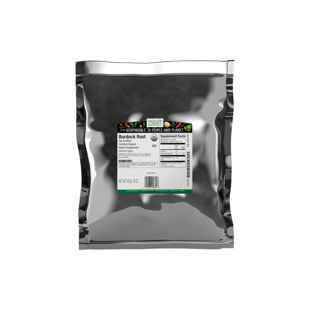 Frontier Organic Burdock Root, 1-Pound Bulk Bag, Common in Root Beer Recipes, Cut & Sifted, Sustainable Grown, Kosher (Packaging May vary) | Common in Root Beer Recipes, Cut & Sifted, Sustainable Grown, Kosher
