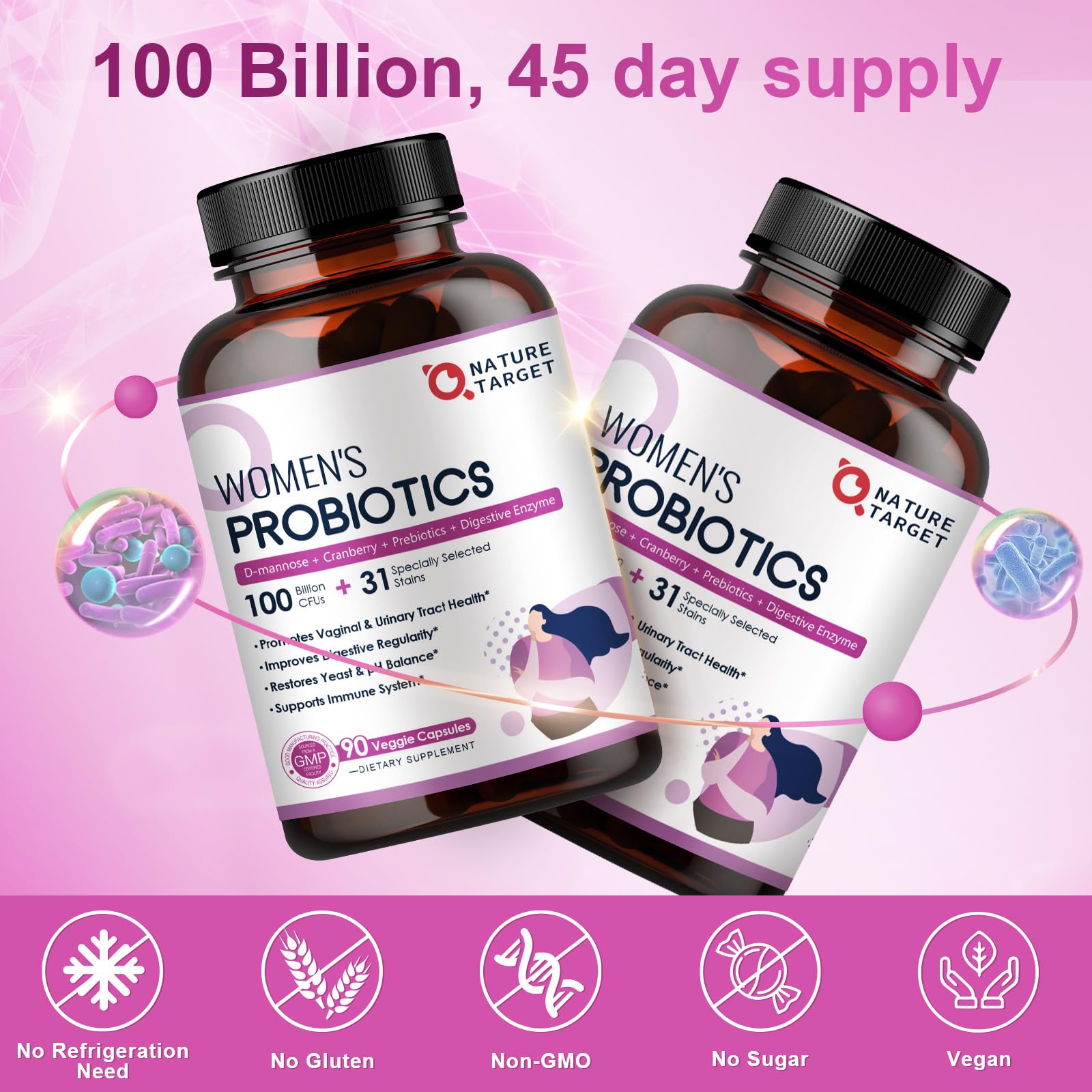 NATURE TARGET Probiotics for Women, 100 Billion CFU, 90 Veggie Capsules | Prebiotics & Enzymes Support Digestive Health & Gut Balance, With Cranberry For Vaginal & Urinary Tract Health, Shelf-Stable