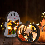 SULOLI Halloween Wooden Lighted Pumpkin for Tabletop, 2pcs Light Up Pumpkin Ghost Lamp Lantern Shadow Box Halloween Table Decorations Ornament