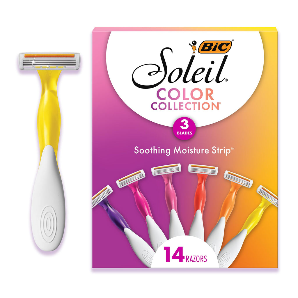 BIC Soleil 3 Colors Women's Disposable 3-Blade Razors, Aloe Vera Strip, College Dorm Room Essential, Shower Caddy and Toiletry Bag Ready, 14-Pack
