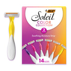 BIC Soleil 3 Colors Women's Disposable 3-Blade Razors, Aloe Vera Strip, College Dorm Room Essential, Shower Caddy and Toiletry Bag Ready, 14-Pack
