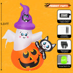 COMIN 5 FT Halloween Inflatables Pumpkin Ghost Cat Outdoor Decorations Blow Up Yard with Built-in LEDs for Indoor Party Garden Lawn Decor