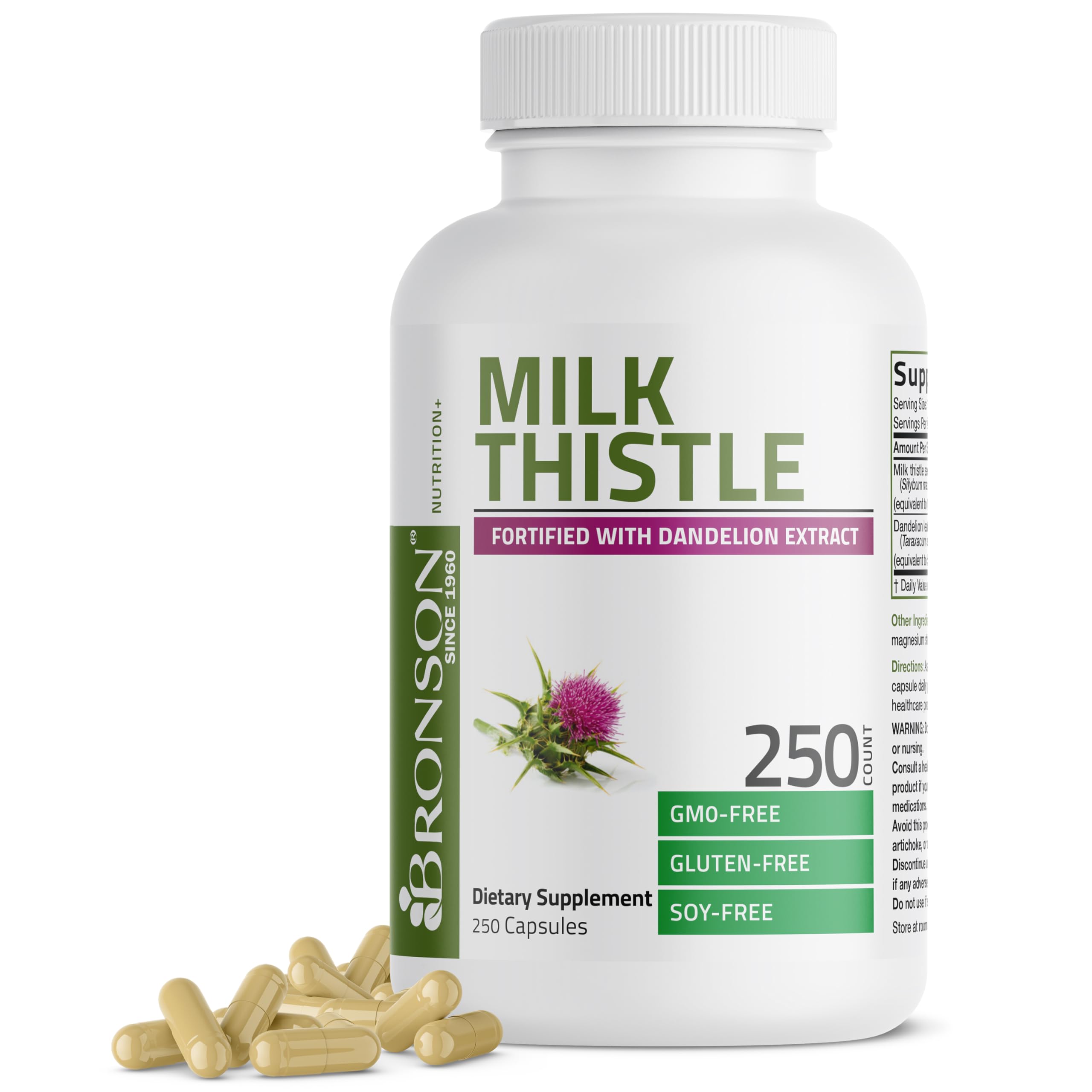 Buy now Bronson Milk Thistle Silymarin Marianum & Dandelion Extract Liver Health Support, Antioxidant Support, Detox, 250 Capsules Unflavoured 250 Count (Pack of 1) at indiglob india