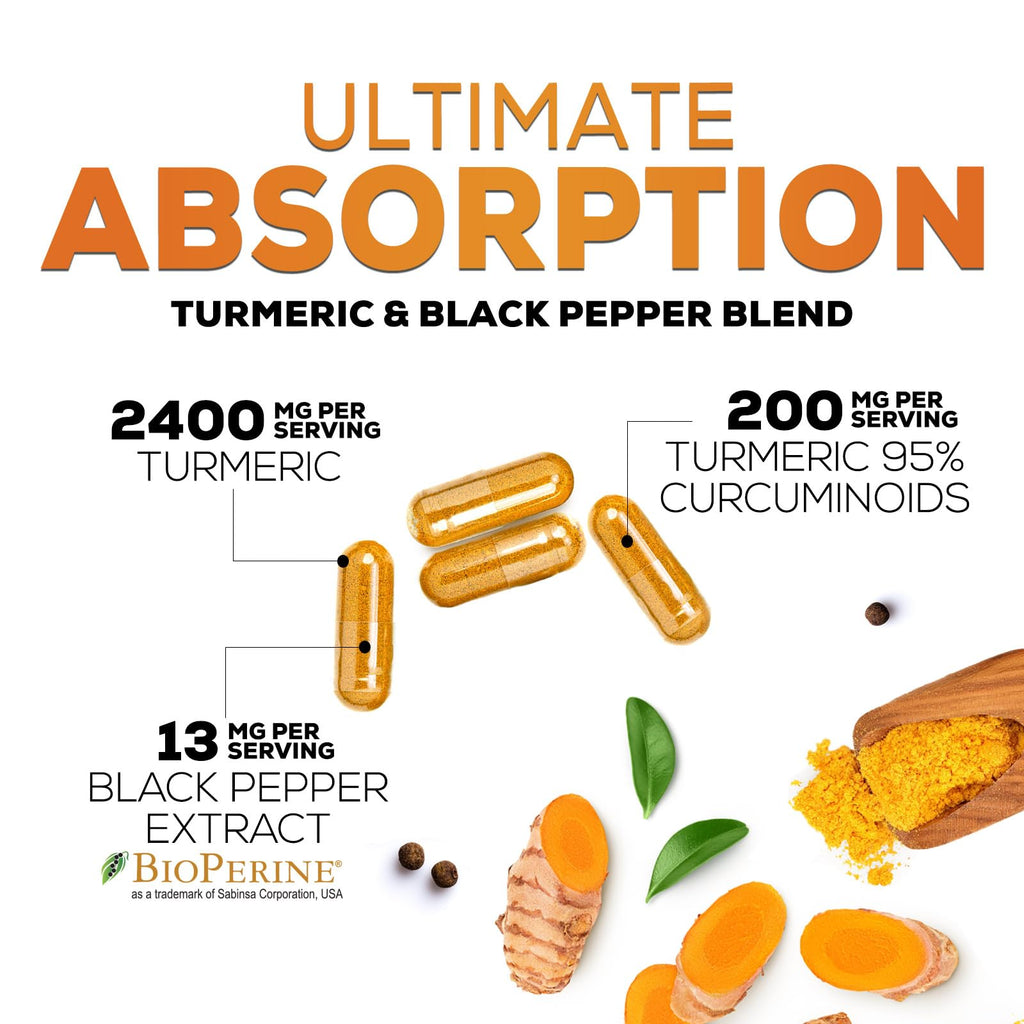 Turmeric Curcumin Supplement - 2400mg Organic Turmeric Per Serving - 95% Curcuminoids & BioPerine Black Pepper Extract for Best Absorption - Natural Vegan Joint Support, Bottled in USA - 240 Capsules
