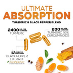 Turmeric Curcumin Supplement - 2400mg Organic Turmeric Per Serving - 95% Curcuminoids & BioPerine Black Pepper Extract for Best Absorption - Natural Vegan Joint Support, Bottled in USA - 240 Capsules