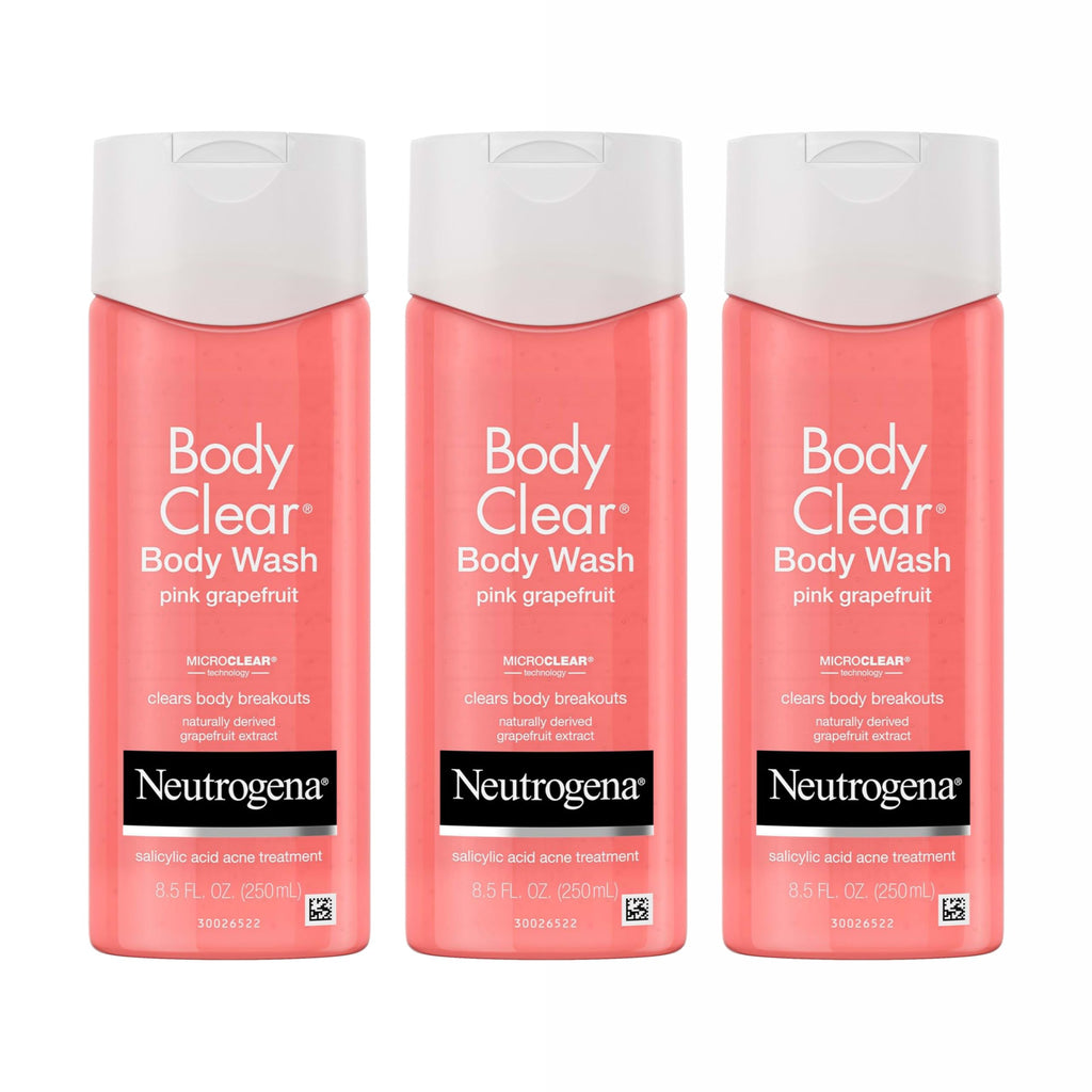 Neutrogena Body Clear Acne Body Wash, 3 x 8.5 fl oz | 2% Salicylic Acid & Glucerin, Oil Free, Breakouts on Back Chest & Shoulders, Non-Comedogenic, Gentle on Skin