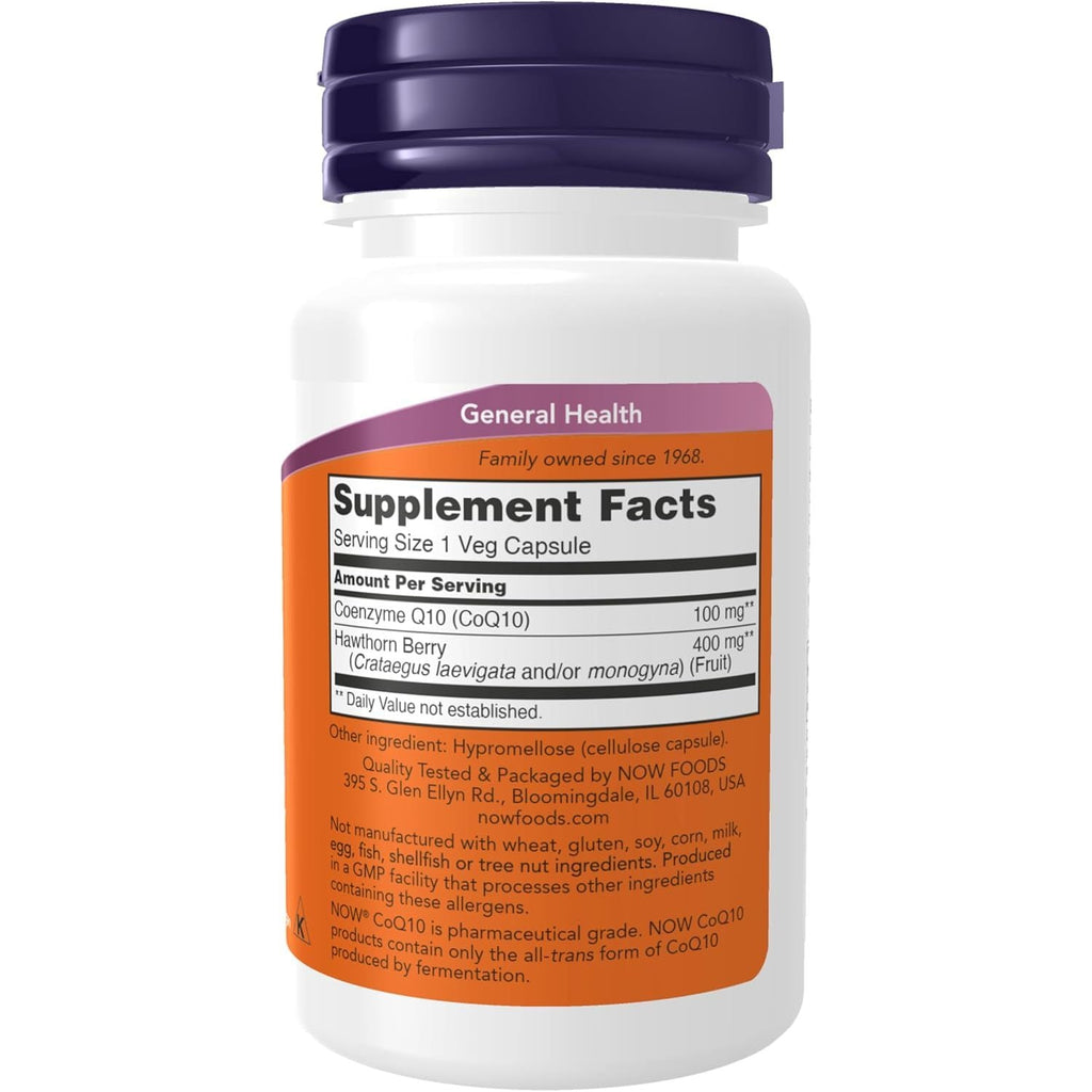 Buy now NOW Foods Supplements, CoQ10 100 mg with Hawthorn Berry, Pharmaceutical Grade, All-Trans Form produced by Fermentation, 30 Veg Capsules at indiglob india