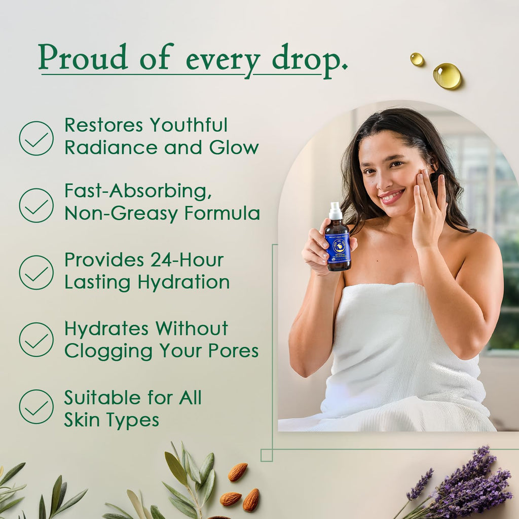 Organic Body & Face Oil for Dry Skin, Natural After Shower Moisturizer 8oz | Hydrating Cold Pressed Blend of Almond, Olive, Jojoba, Rosehip, Vitamin E & Lavender Oils, Scented Facial & Body Oil