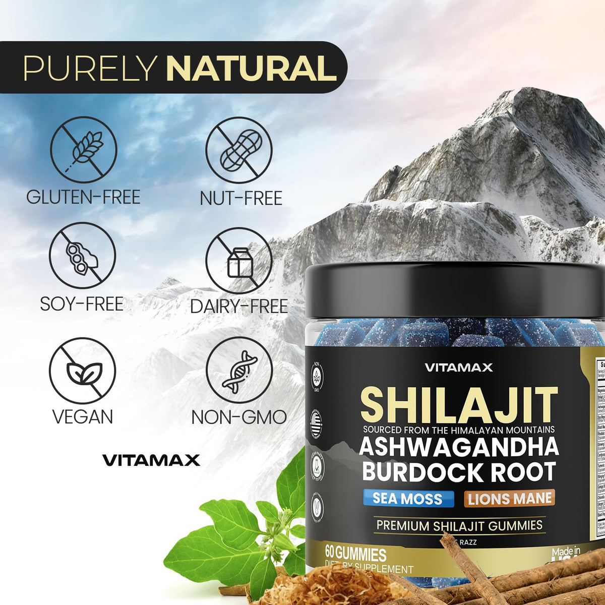 Pure Shilajit Gummies, Sea Moss, Ashwagandha, 105+ Trace Minerals – Organic Burdock Root & Lions Mane Mushroom - Blue Razz – Vegan & Non-GMO – Made in USA – 60ct