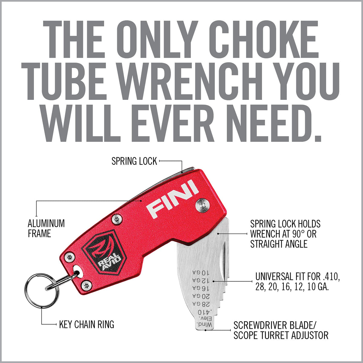 Real Avid FINI Shotgun Tool Choke Wrench with Shotgun Scope Adjuster and Shotgun Keychain, Hunting Gear and Shotgun Accessories for Trap Shooting and Skeet Shooting