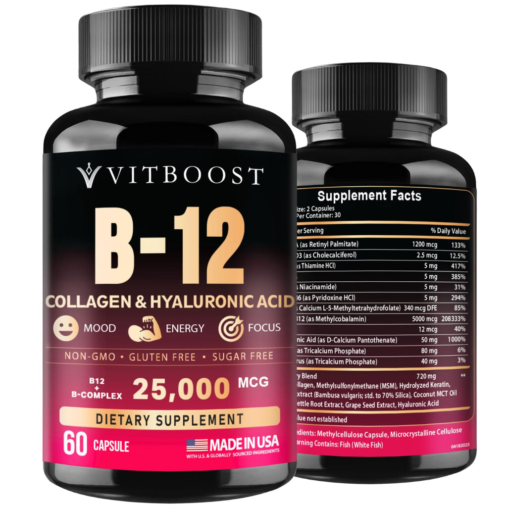 Vitamin B12 with Hyaluronic Acid and Collagen - 25000 mcg B12 Complex, 60Ct | Maximize Absorption & Energy - Folate, B1, B2, B3, B6, B7, B12 Vitamins 5000 mcg Methylcobalamin - Gluten Free
