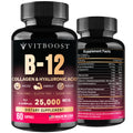 Vitamin B12 with Hyaluronic Acid and Collagen - 25000 mcg B12 Complex, 60Ct | Maximize Absorption & Energy - Folate, B1, B2, B3, B6, B7, B12 Vitamins 5000 mcg Methylcobalamin - Gluten Free