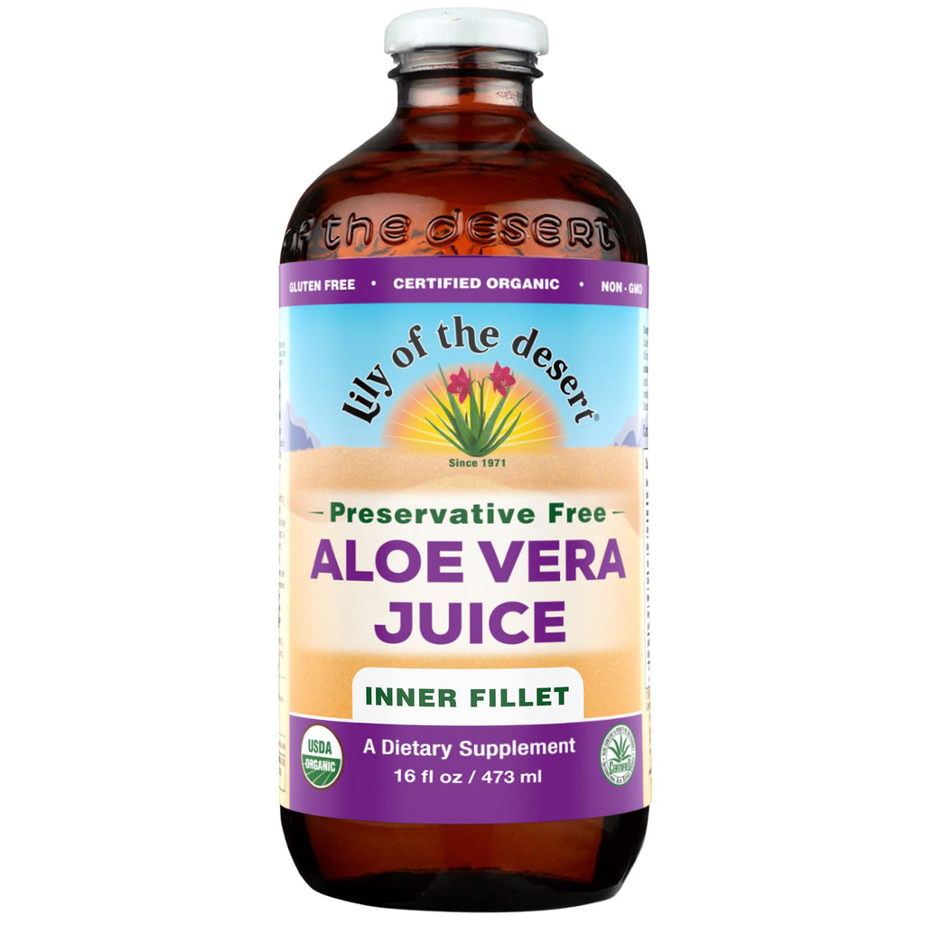 Lily of the Desert Aloe Vera Juice, Inner Fillet Filtered, Organic & Preservative Free – Natural Vitamins, Digestive Enzymes for Gut Health, Glowing Skin & Wellness, 16 Fl Oz