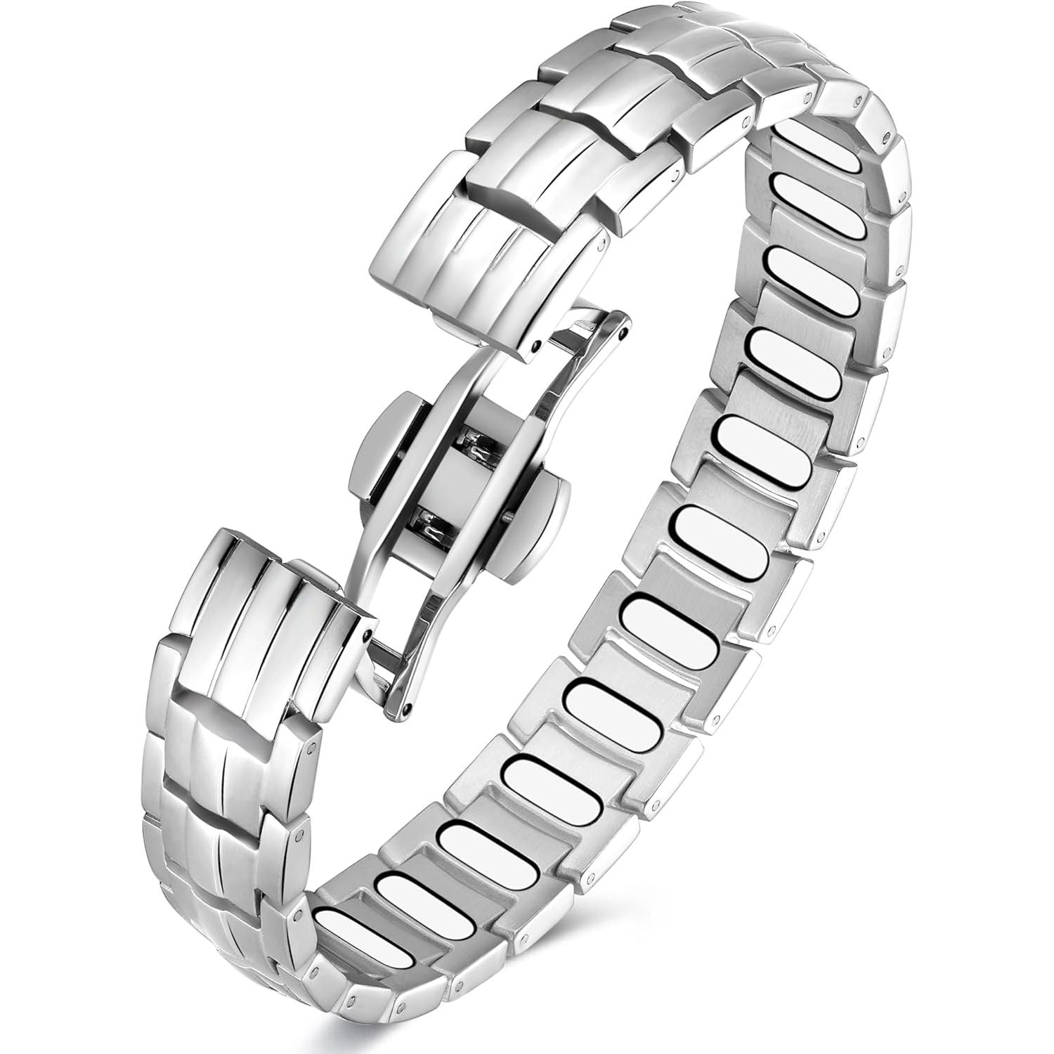Buy now Feraco Mens Magnetic Bracelet Titanium Steel Magnetic Bracelet with Double Row 4 Elements Magnets (Silver) Silver-Upgrade at indiglob india