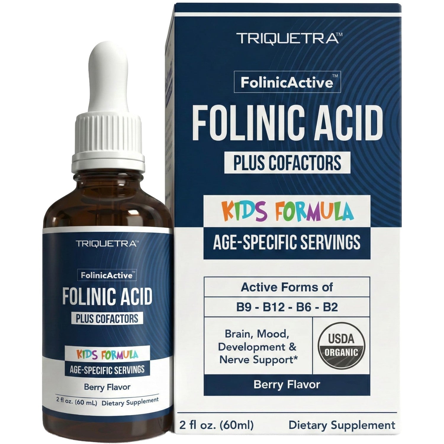 Organic FolinicActive Kids - Folinic Acid + B12, B6 & B2 Cofactors - Gentle Methylation Support for Mood, Energy & Cognition, Age Adjustable Dosing for Kids 1-18, Non GMO, Vegan, Berry Flavor (60mL)