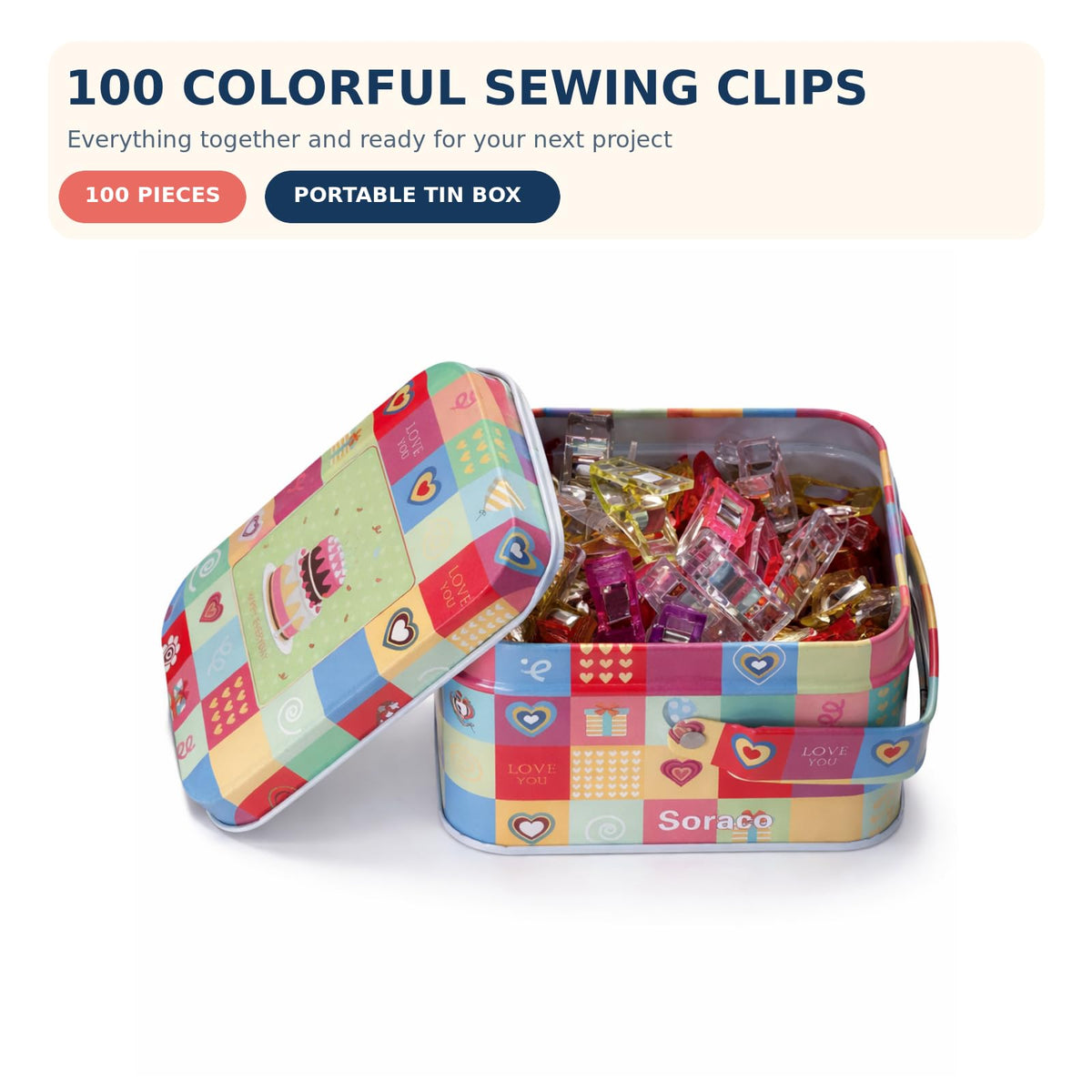 Sewing Clips with Tin Box,100 PCS Fabric Clips for Quilting & Binding