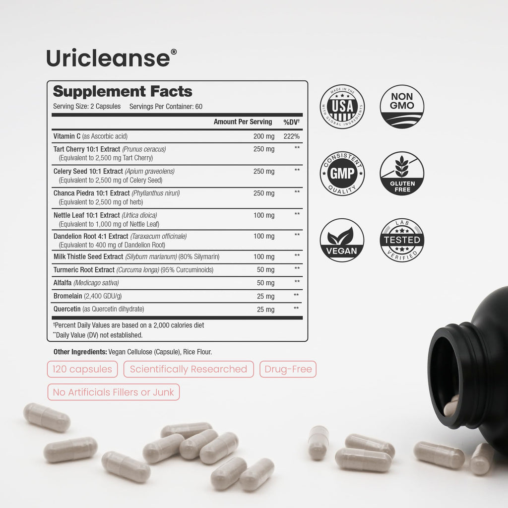 Uric Acid Cleanse & Gout Support – Tart Cherry, Celery Seed, Chanca Piedra, Milk Thistle & Turmeric for Kidney Detox, Joint Comfort & Uric Acid Balance – 11-in-1 Natural Formula - 120 Count