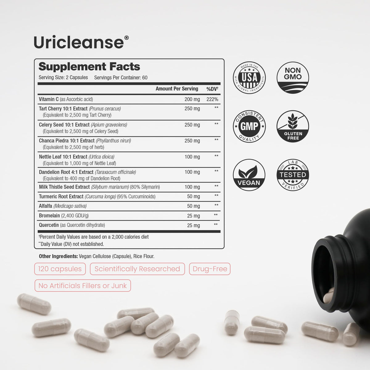 Uric Acid Cleanse & Gout Support – Tart Cherry, Celery Seed, Chanca Piedra, Milk Thistle & Turmeric for Kidney Detox, Joint Comfort & Uric Acid Balance – 11-in-1 Natural Formula - 120 Count