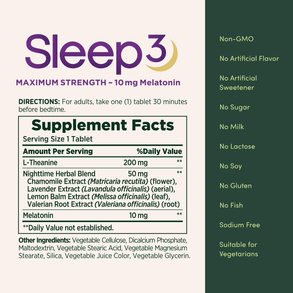 Nature's Bounty Sleep3 Melatonin 10mg, 60 Tri-Layered Tablets | Maximum Strength 100% Drug Free Sleep Aid, Dietary Supplement, L-Theanine & Nighttime Herbal Blend Time Release Technology