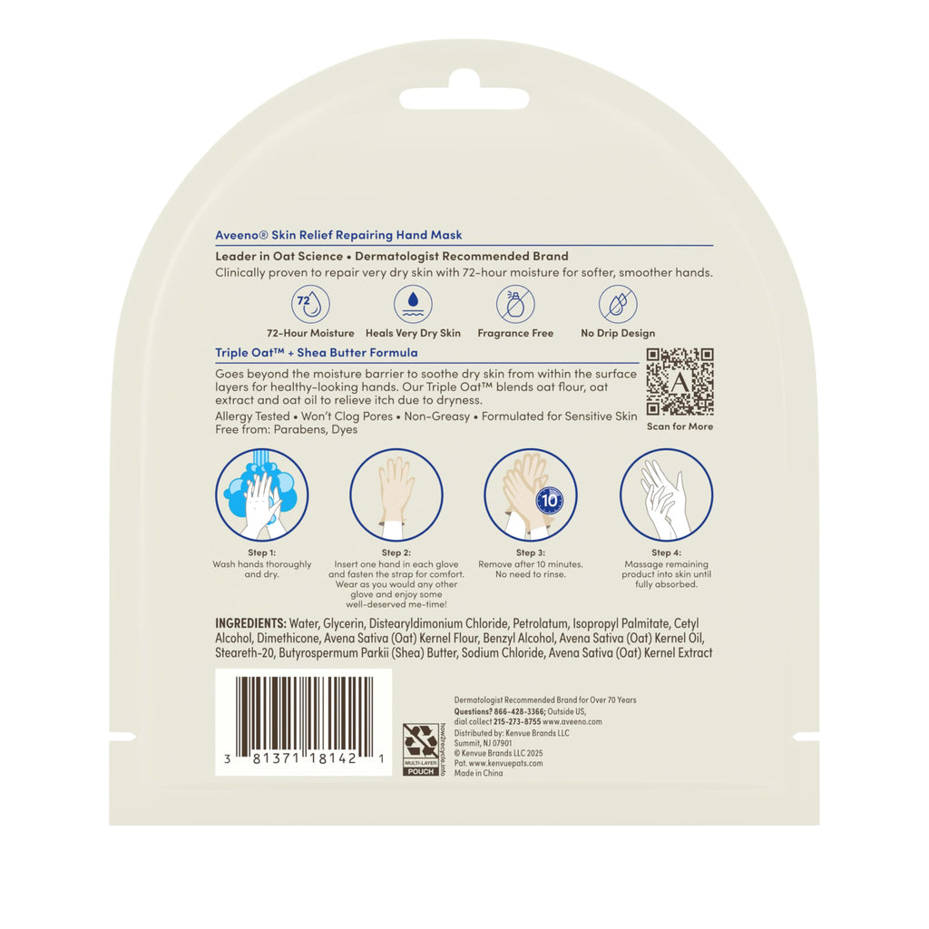 Aveeno Skin Relief Repairing Hand Mask, Fragrance-Free, 1 Pair | Moisturizing Gloves, For Very Dry Skin, Triple Oat & Shea Butter, Suitable for Sensitive Skin, Single-Use Gloves