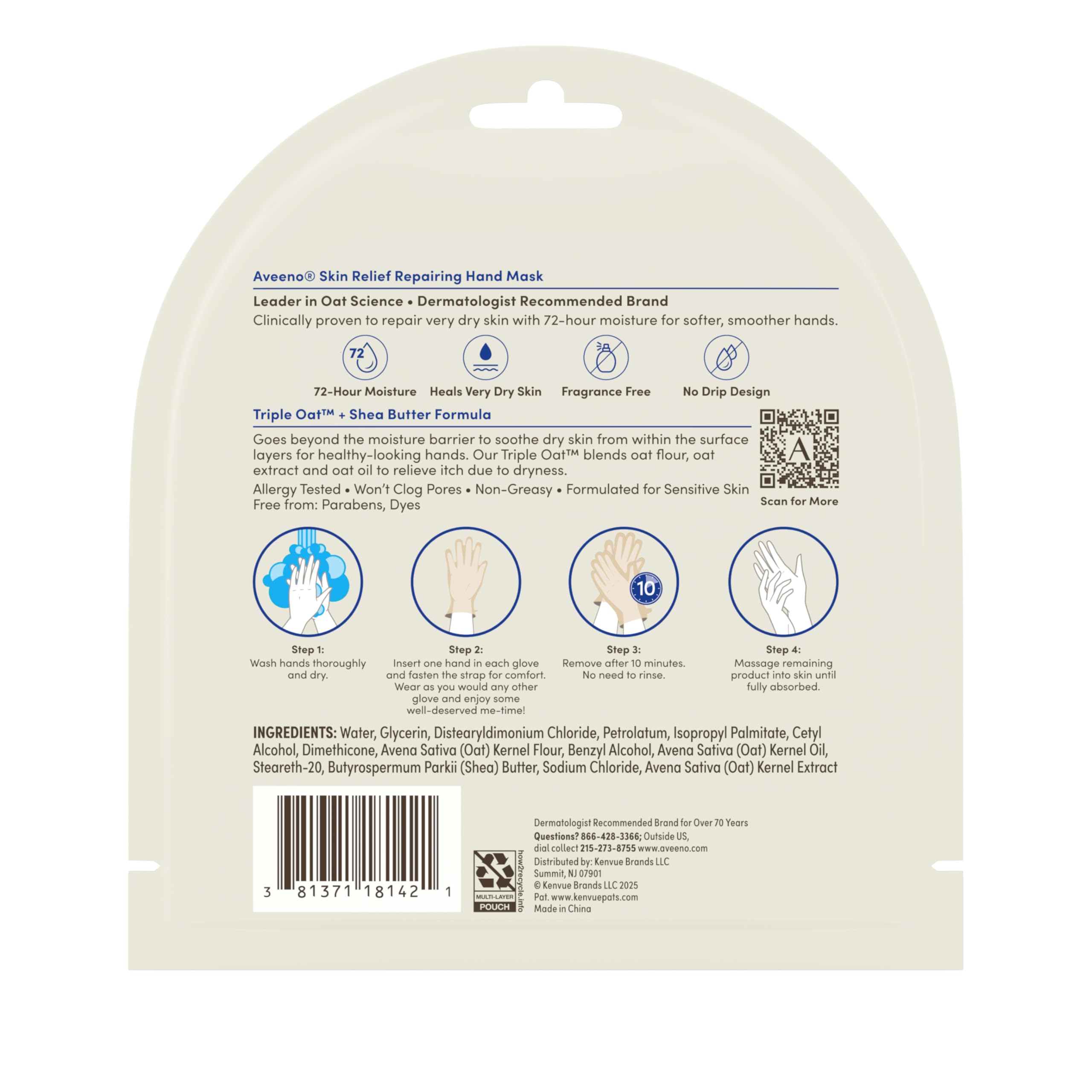 Aveeno Skin Relief Repairing Hand Mask, Fragrance-Free, 1 Pair | Moisturizing Gloves, For Very Dry Skin, Triple Oat & Shea Butter, Suitable for Sensitive Skin, Single-Use Gloves