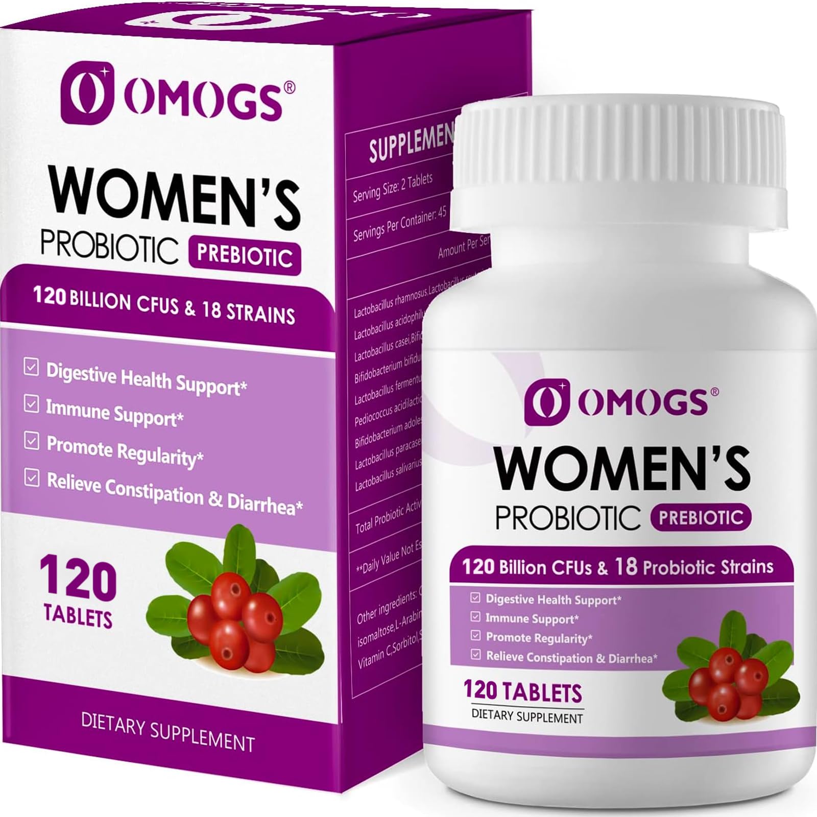 OMOGS 2PCS Women's Probiotic, with Cranberry Extract, Organic Prebiotics & Vitamin C, 120 Billion CFUs,18 Strains, Help for Boost Immune, Digestive, Gut Health & Women's Health, 240 Tablets