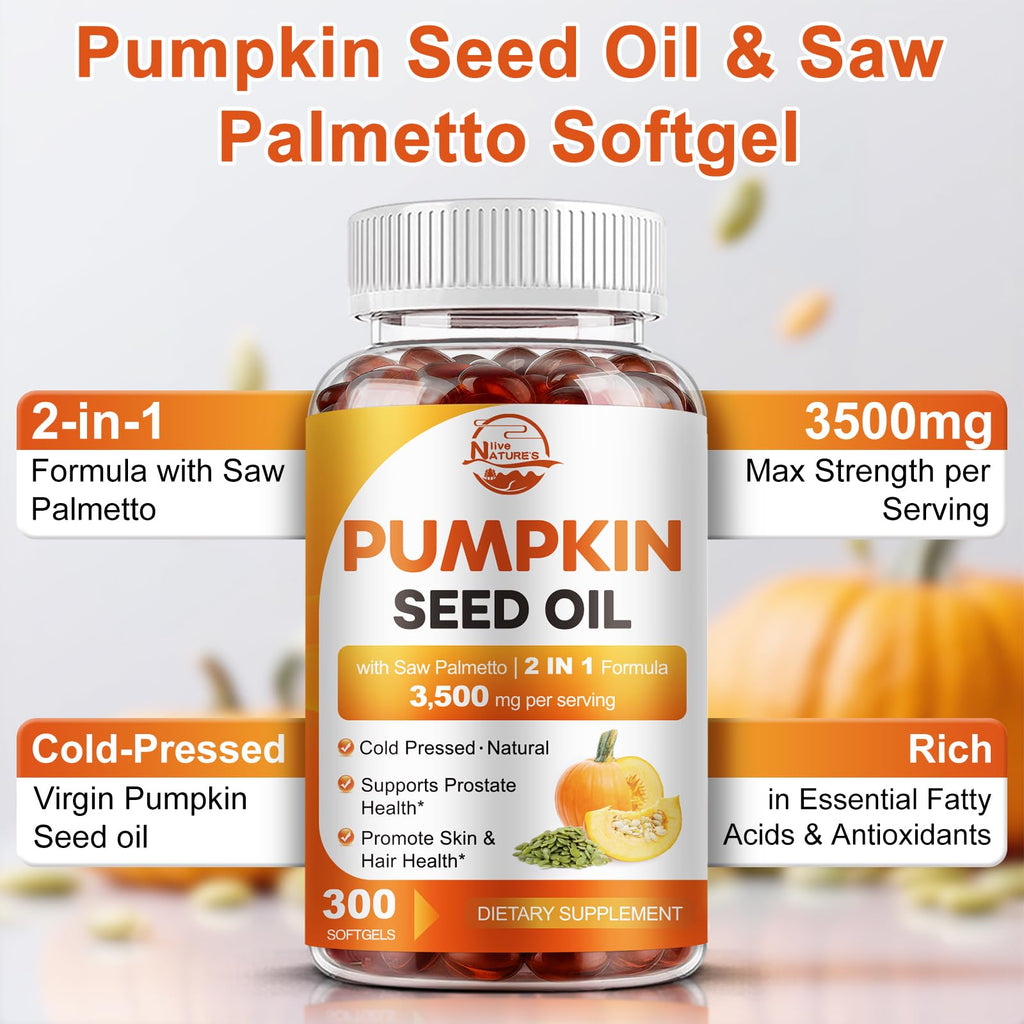 Pumpkin Seed Oil with Saw Palmetto, 3500mg Max Strength per Serving | 300 Softgels, Cold-Pressed with Essential Fatty Acids & Phytosterols, Supports Hair, Bladder Prostate Health & Immune