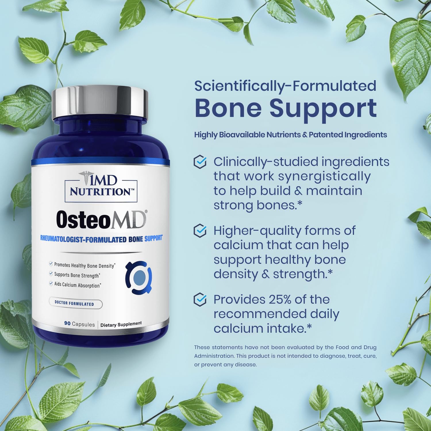 1MD Nutrition OsteoMD for Comprehensive Support - Supplement for Women and Men - Promote Density w/Vitamin D - Hydroxyapatite w/Vitamin D3 & K2-90 Capsules