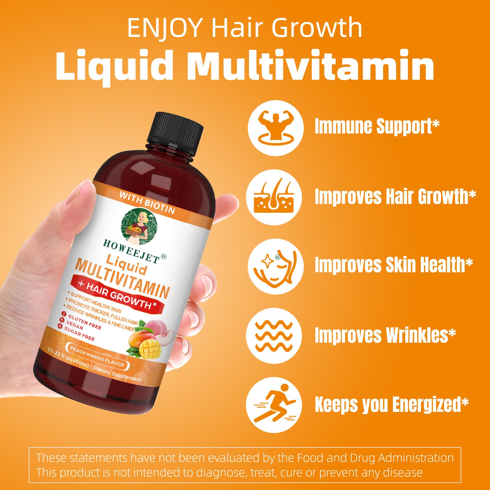 Liquid Multivitamin for Hair Growth | Biotin 10000mcg | Hair & Skin Support Supplement | Clinically Tested for Thicker Hair & Skin Elasticity | Suitable for Women & Men, Ages 18+ | 15.22 Fl Oz (2)