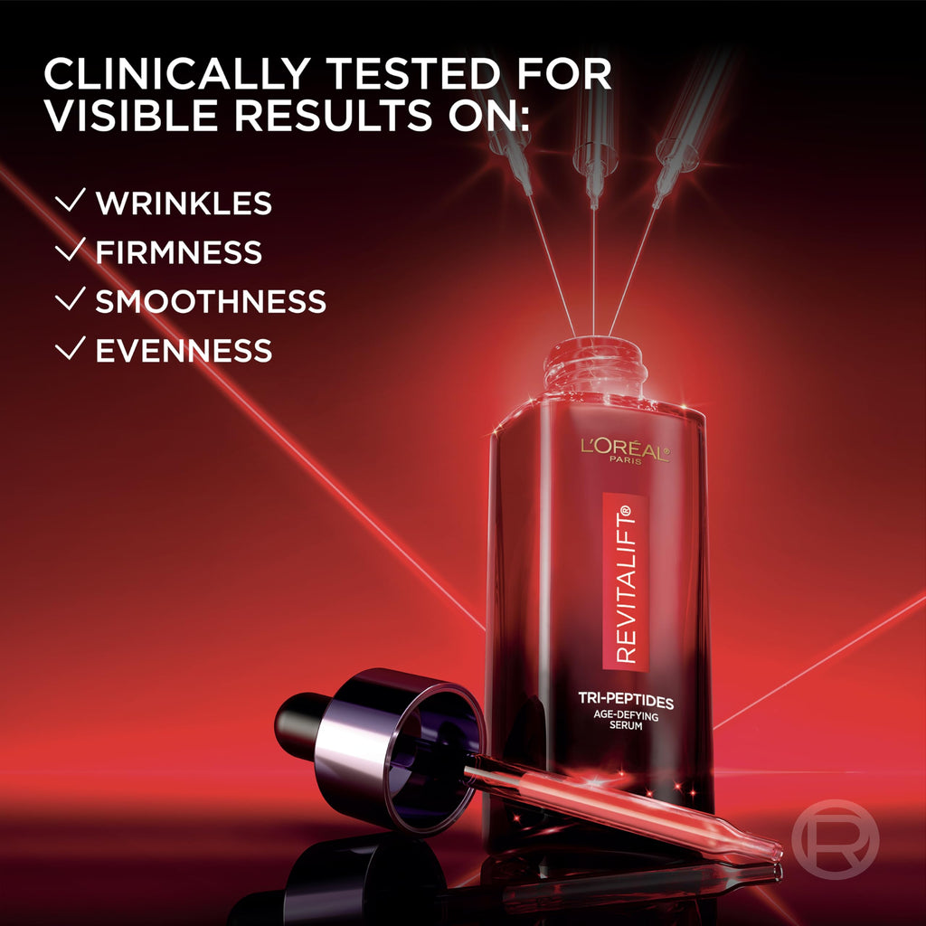 L'Oreal Paris Revitalift Triple Power Face Serum with Tri-Peptides, Hyaluronic Acid and Vitamin C, Anti Aging, Anti Wrinkle Serum to Firm and Brighten, 1 FL oz, + Sample