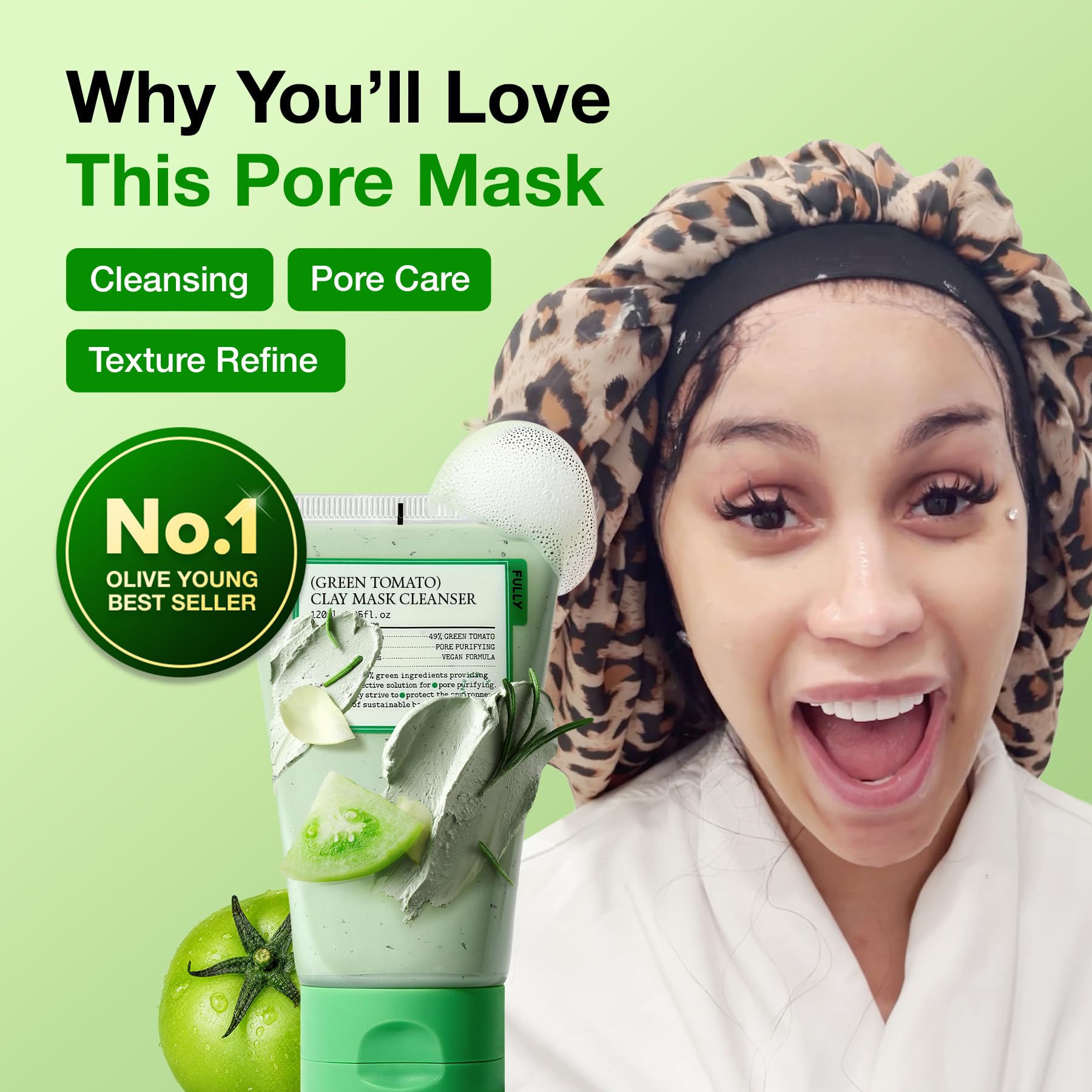 FULLY Green Tomato Pore Clay Mask Cleanser for Deep Cleansing, 4.05 fl oz | Clay Pack Cleanser for Deep Pore Cleansing, Blackhead & Sebum Control, Gentle Korean Face Wash for Oily & Combination Skin