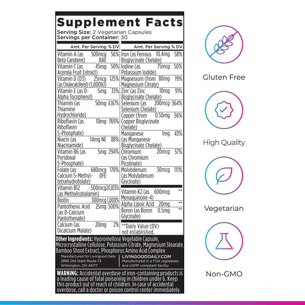 Livingood Daily Methylated Multivitamin for Women & Men, 60 Capsules