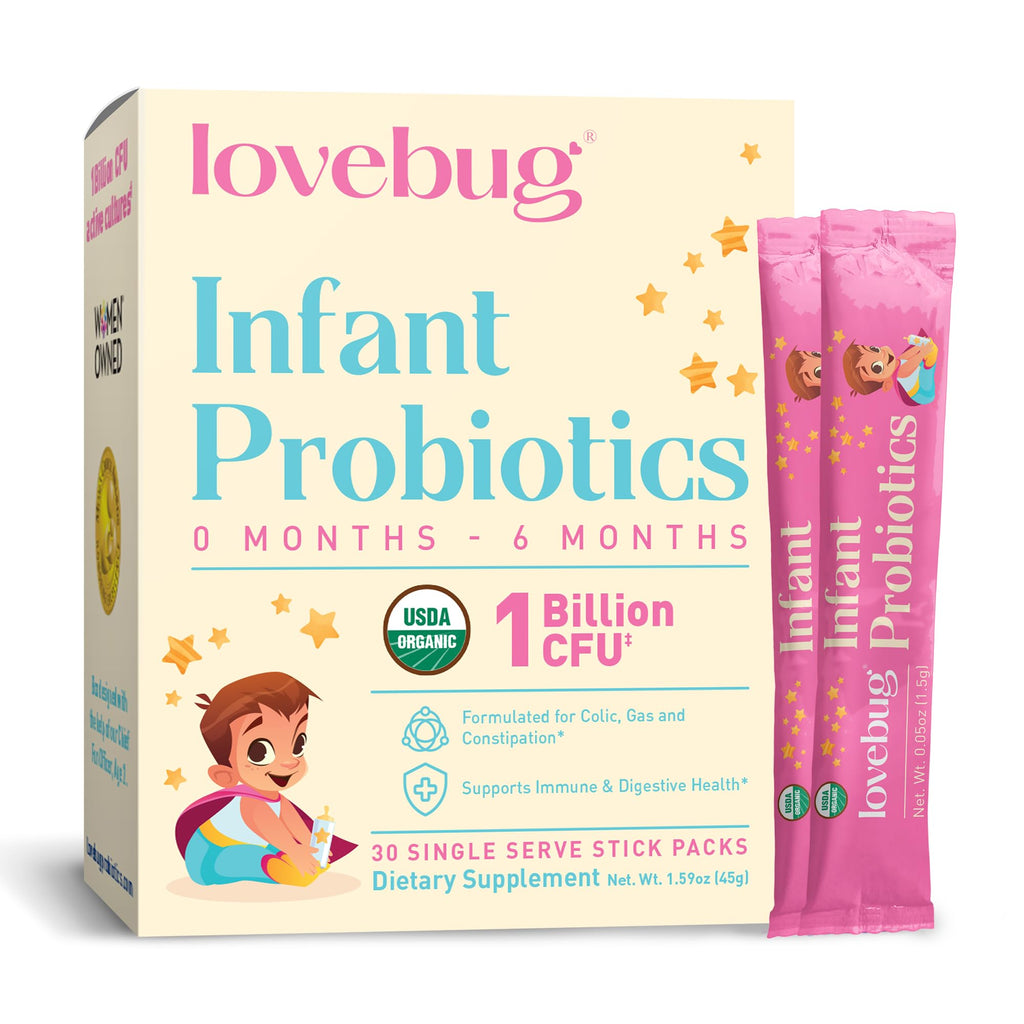 LOVEBUG Infant Probiotics 0-6 Months - USDA Organic Probiotics for Babies, Supports Baby Gas, Colic, Reflux, Diarrhea and Newborn Constipation Relief, Allergen & Sugar Free, Tasteless Powder, 30 Pack