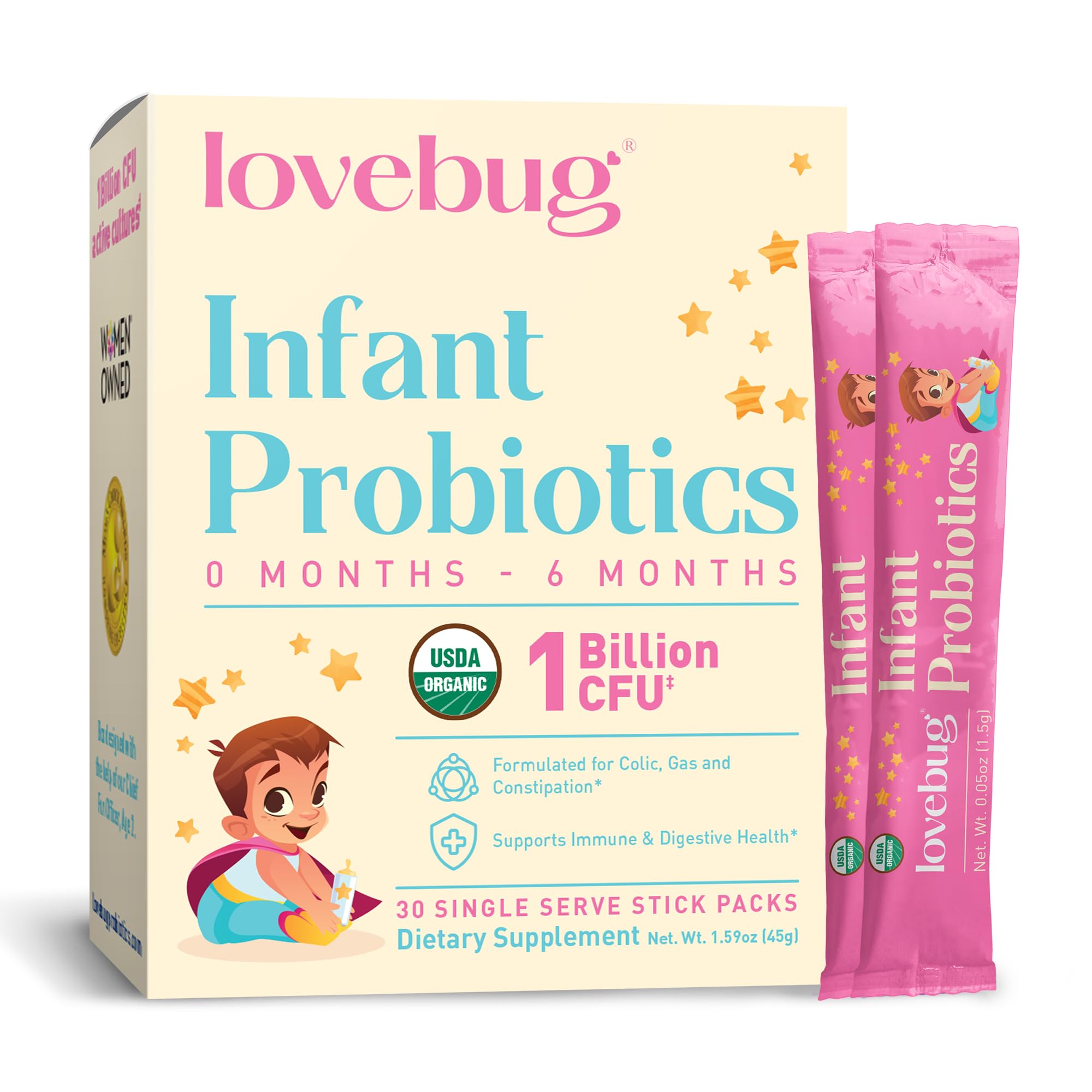 LOVEBUG Infant Probiotics 0-6 Months - USDA Organic Probiotics for Babies, Supports Baby Gas, Colic, Reflux, Diarrhea and Newborn Constipation Relief, Allergen & Sugar Free, Tasteless Powder, 30 Pack