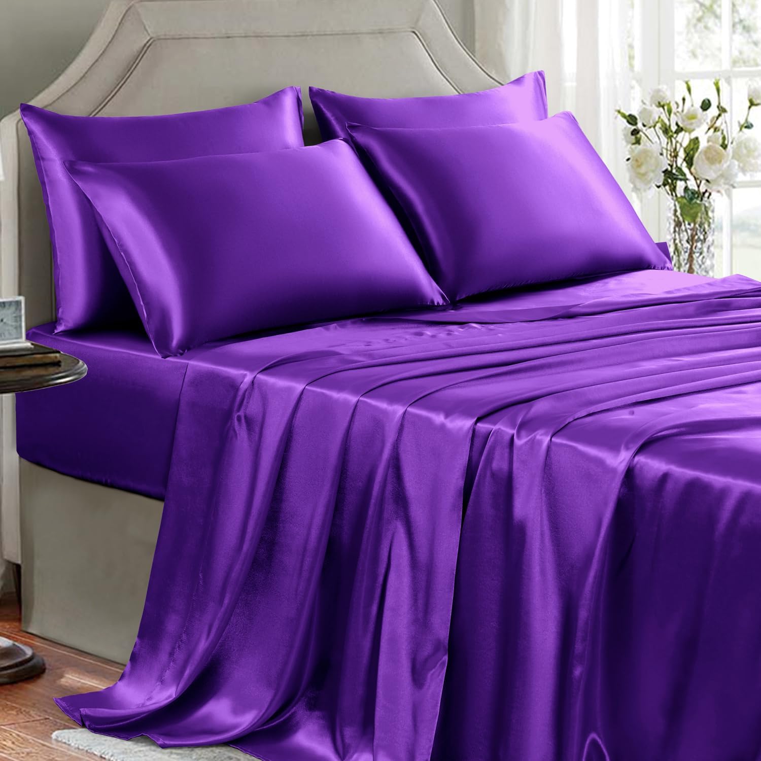 Buy now Satin Sheets King Size - 4 Pieces Luxury Silky Soft Bed Sheets, Wrinkle-Free Gold Satin Silk Sheet Set with 1 Deep Pocket Fitted Sheet, 1 Flat Sheet, 2 Pillow Cases Queen(6Pc) Dark Purple at indiglob india