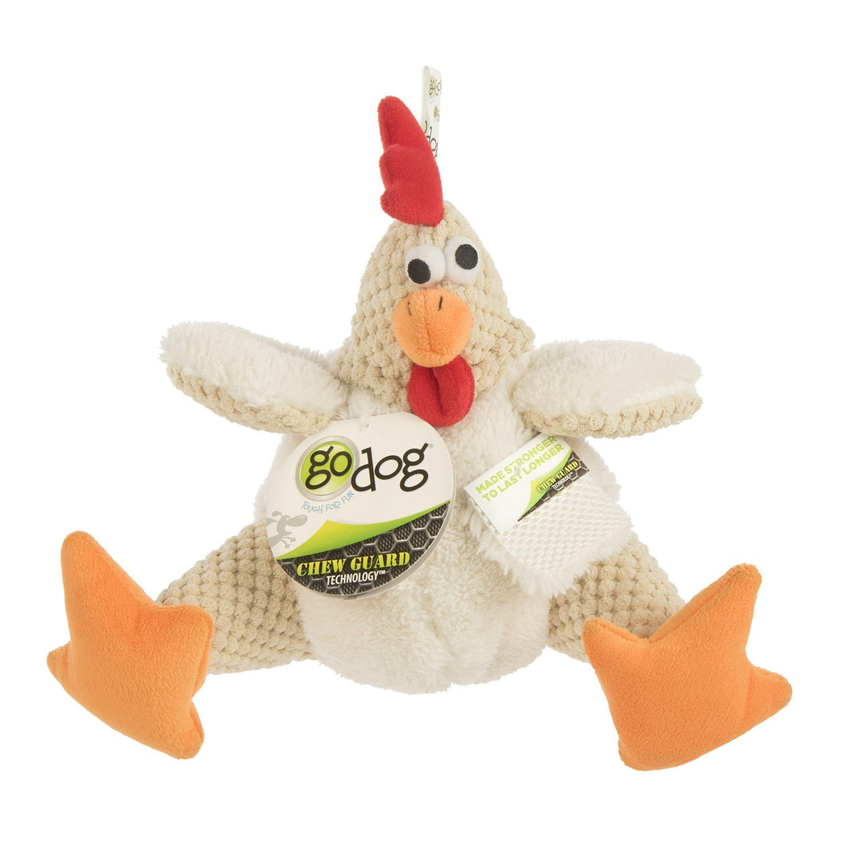goDog Checkers Fat Rooster Squeaky Plush Dog Toy, Chew Guard Technology - White, Large