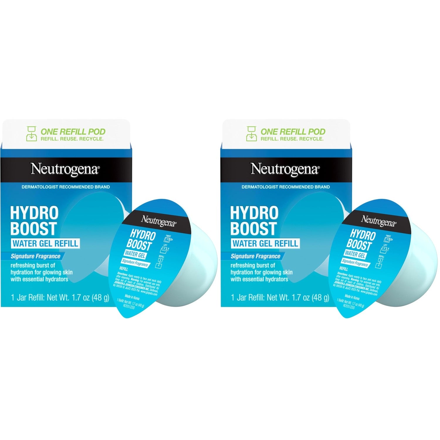 Neutrogena Hydro Boost Water Gel Face Moisturizer Refill Pod, Refill Pack-of Hyaluronic Acid Moisturizer for a Refreshing Burst of Hydration & Dewy Skin, Signature Fragrance, 1.7 oz,(Pack of 2)