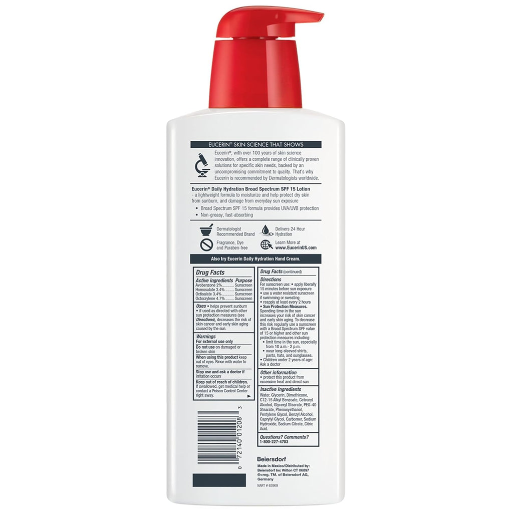 Buy now Eucerin Daily Hydration Lotion with SPF 15 - Broad Spectrum Body Lotion for Dry Skin - 16.9 fl. Oz. Pump Bottle (Pack of 3) at indiglob india