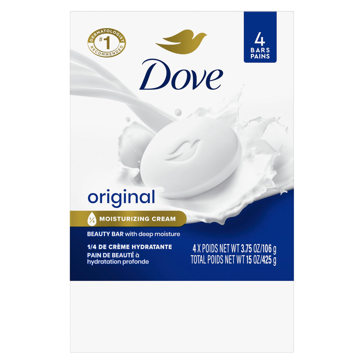 Dove Original Beauty Bar Soap, pack of 4, features moisturizing cream for deep hydration, official packaging.