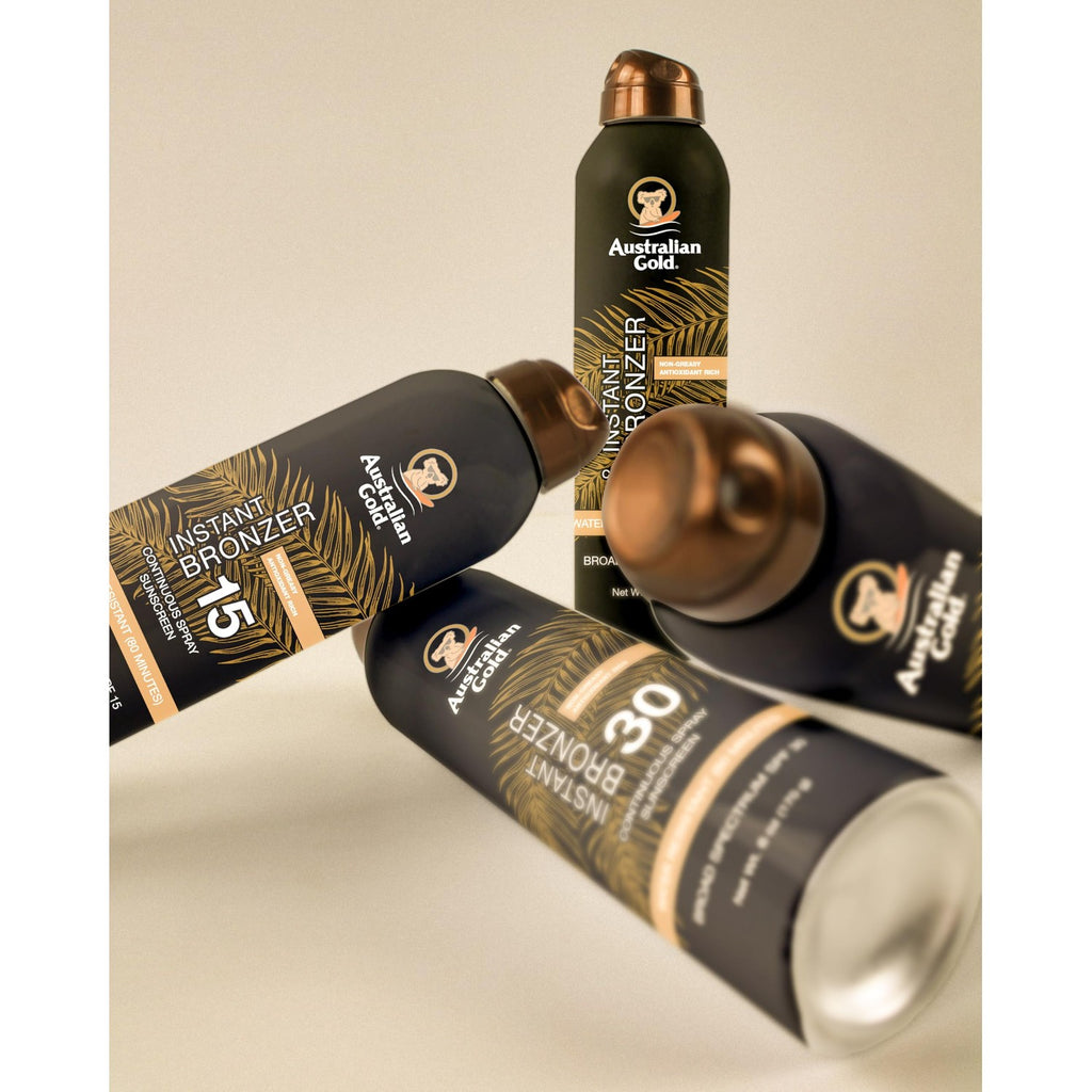 Australian Gold Continuous Spray Sunscreen with Instant Bronzer SPF 30, Immediate Glow & Dries Fast Water Resistant NonGreasy Oxybenzone Free Cruelty Free, Bronzer New, Orange, 6 Oz