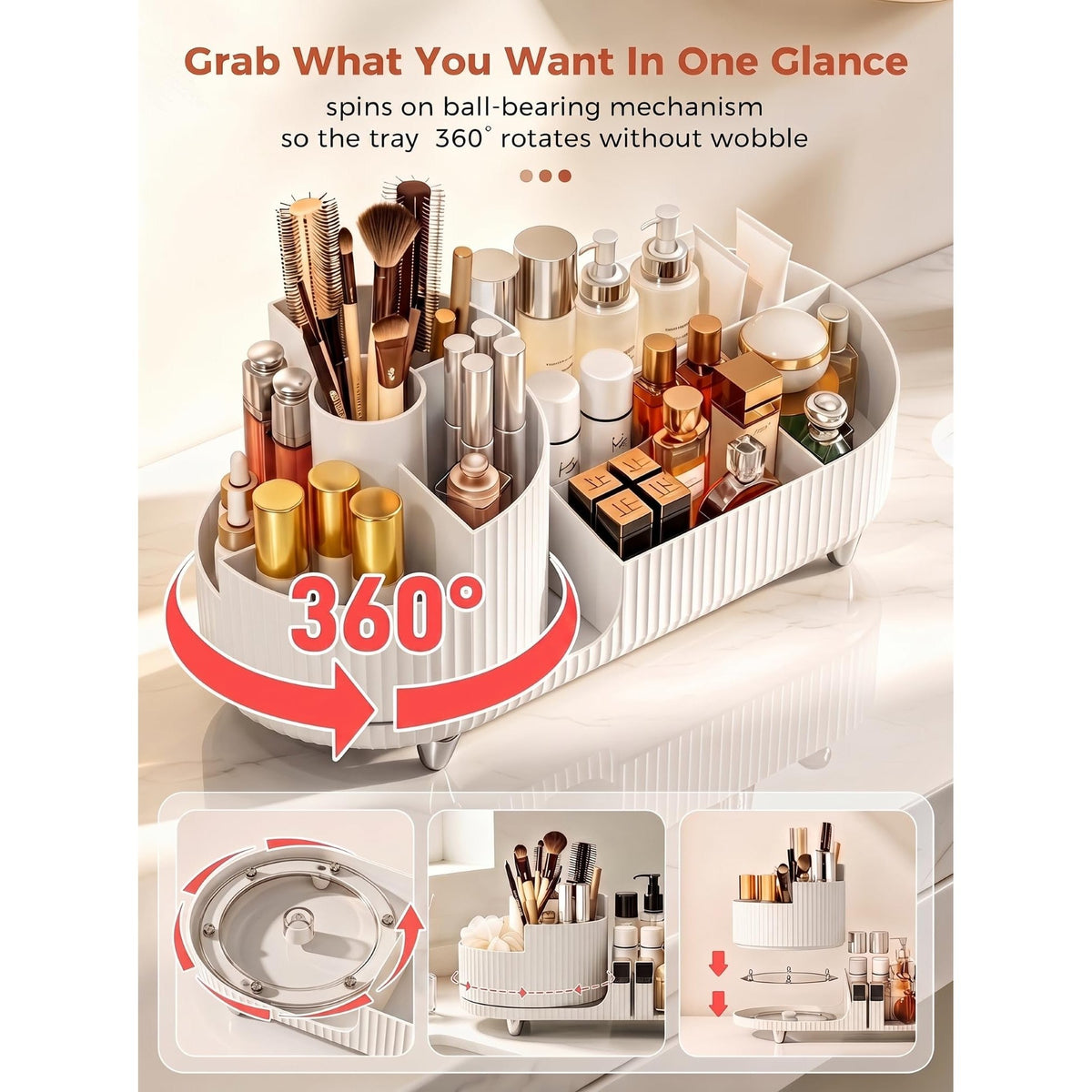 Premium imported Booklov rotating makeup organizer features a ball-bearing mechanism for smooth 360° rotation, maximizing storage.