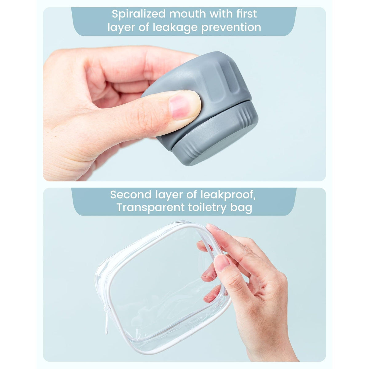 Authentic Mrsdry travel containers feature spiral mouth design and transparent bag for leakproof toiletry storage.