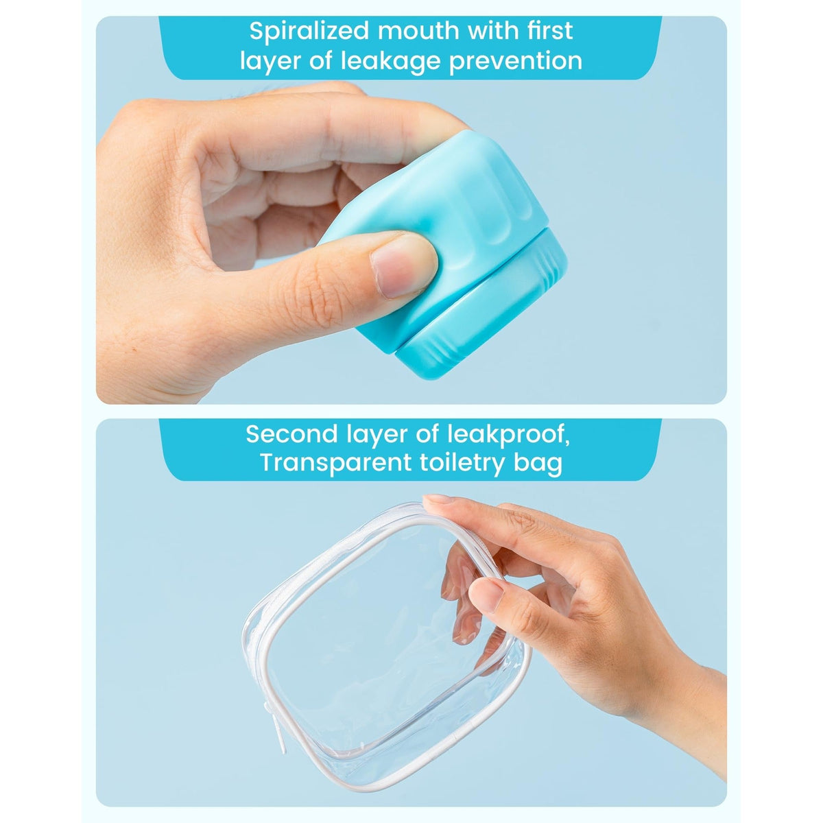 Premium imported Mrsdry travel containers feature a double leakproof design with a transparent bag for easy travel organization.