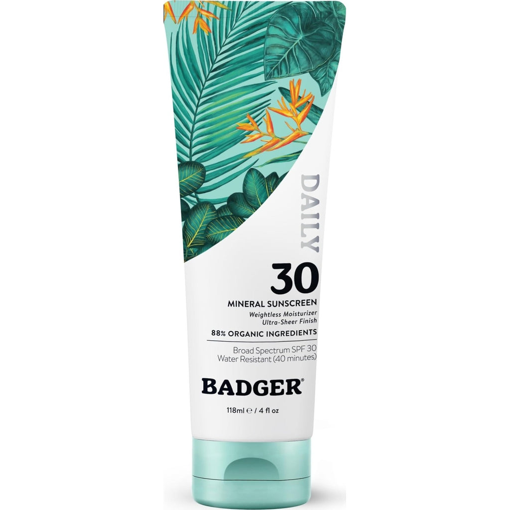Badger Mineral Daily Sunscreen SPF 30, Zinc Oxide, Organic, 4 oz (2-Pack) | Lightweight, No White Cast, Moisturizing, Organic, Reef Safe, Vegan Unscented, Daily mineral sunscreen, Easy apply sunscreen