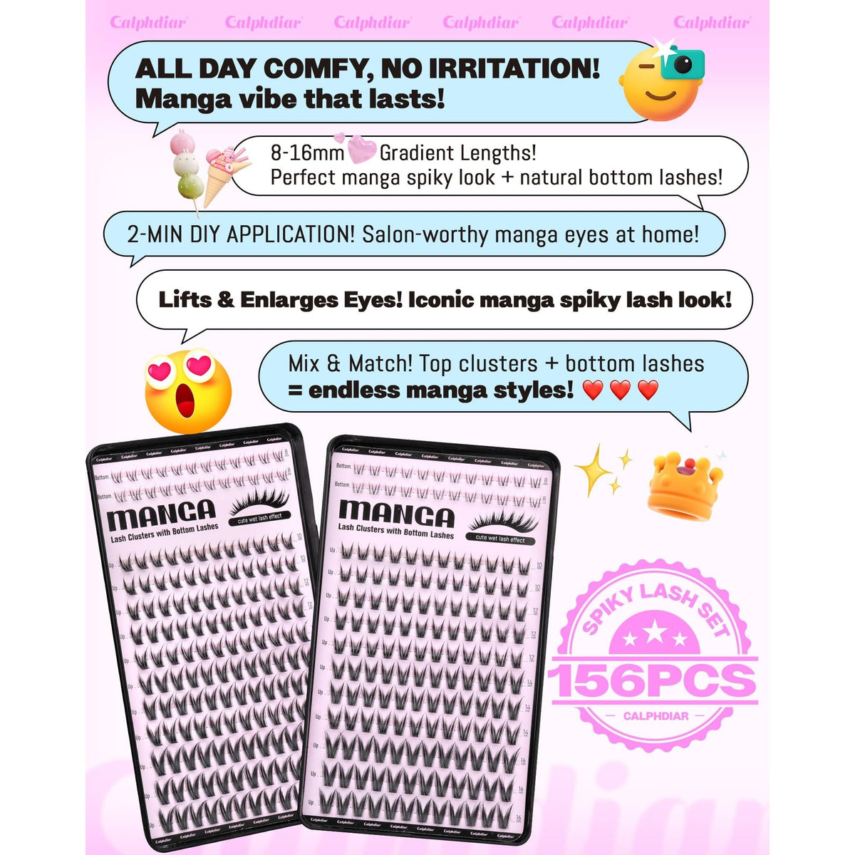 Premium imported Calphdiar Bottom Lash Clusters offer a spiky manga style. Ideal for easy DIY eye enhancement with 156 pieces.